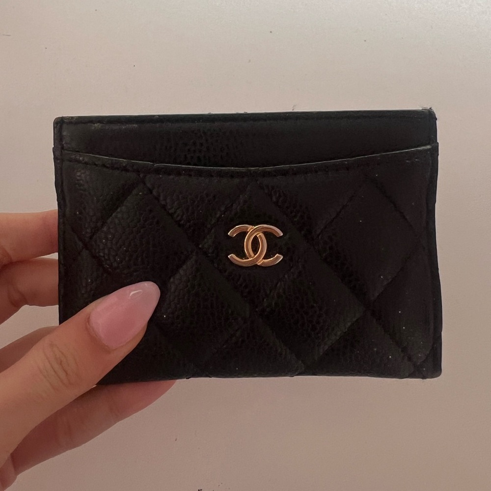 CHANEL Black Quilted Card Case with Gold CC Emblem
